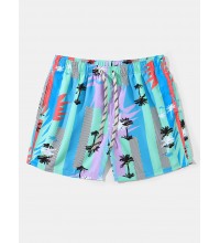 Men Palm Tree Colorful Geometric Mesh Inside Beachwear Shorts