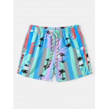 Men Palm Tree Colorful Geometric Mesh Inside Beachwear Shorts