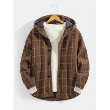 Mens Plaid Button Up Slant Pocket Woolen Cloth Hooded Jacket