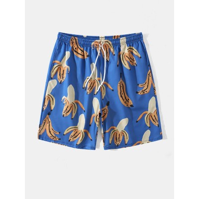 Men Banana Print Mid Length Beachwear Shorts