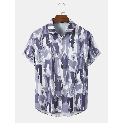 Mens Halloween Figure Skeleton Print Button Up Short Sleeve Shirts