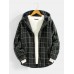 Mens Plaid Button Up Slant Pocket Woolen Cloth Hooded Jacket