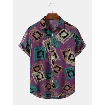 Mens Irregular Geometric Print Button Up Short Sleeve Shirts