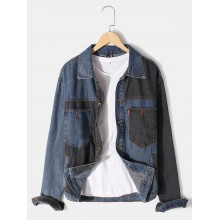 Mens Patchwork Multi Pocket Lapel Distressed Denim Jacket